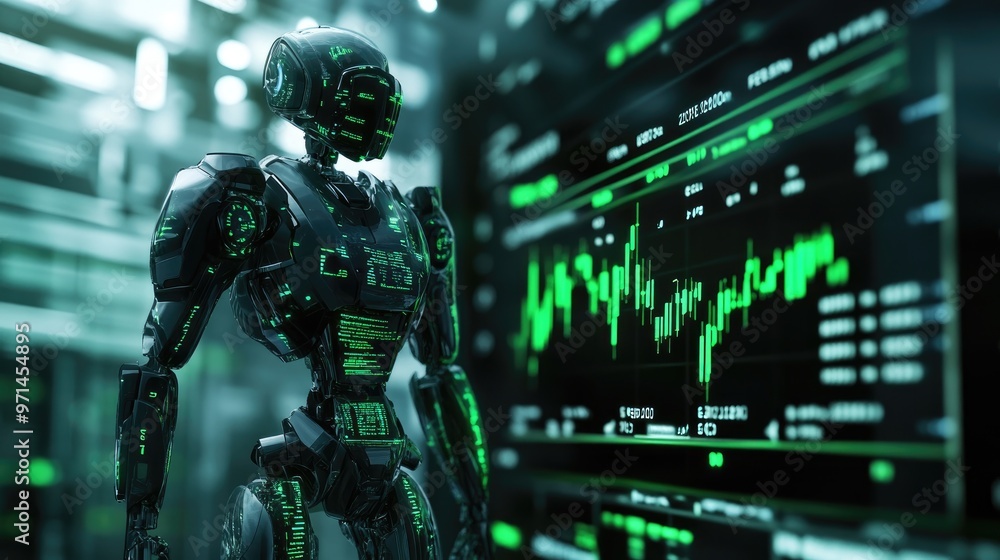 Robot Analyzes Data on a Screen with Green Lines, Shows Artificial Intelligence Trends in the Future Robot Analyzes Data on a Screen with Green Lines, Shows Artificial Intelligence Trends in the Future