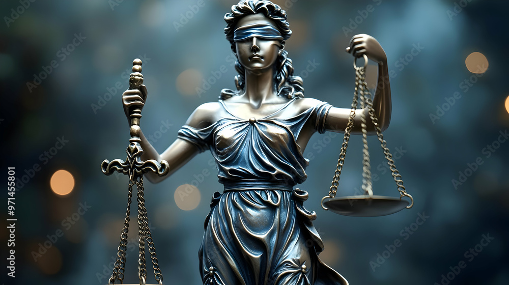 A blindfolded female figure representing justice holds scales, symbolizing fairness and law. A blindfolded female figure representing justice holds scales, symbolizing fairness and law.