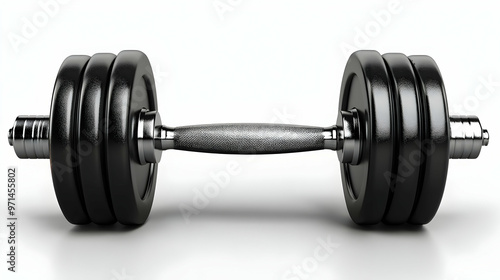 A black dumbbell with adjustable weight plates, designed for strength training and fitness.