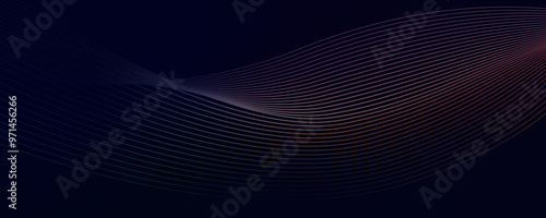 Dark abstract background with a glowing wave. Panoramic shiny moving lines design element. Modern purple, blue gradient flowing wave lines. Futuristic technology concepts. Web banner, banner backdrop