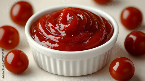 A bowl of ketchup surrounded by cherry tomatoes, ideal for dipping or adding flavor.