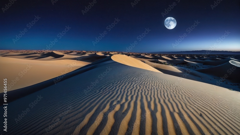 Naklejka premium A serene desert landscape under a full moon, showcasing rippled sand dunes and a starry sky.