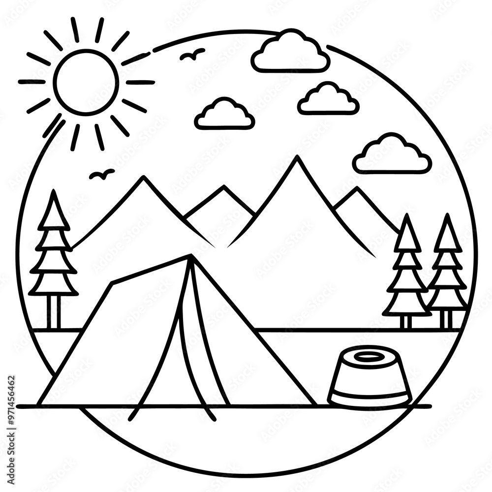 summer camp set outline coloring book page line art drawing summer camp set outline coloring book page line art drawing