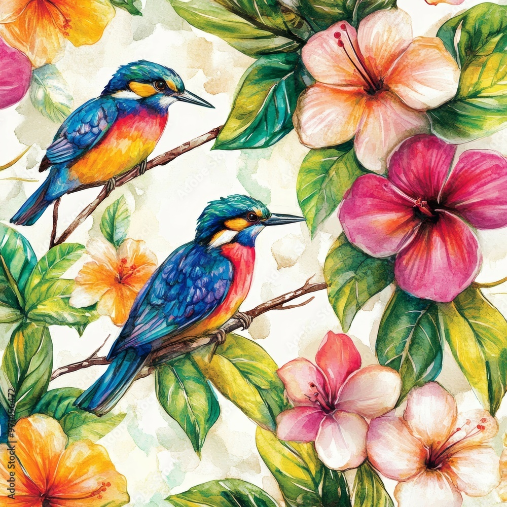 Obraz premium Watercolor Tropical Birds and Flowers Seamless Pattern
