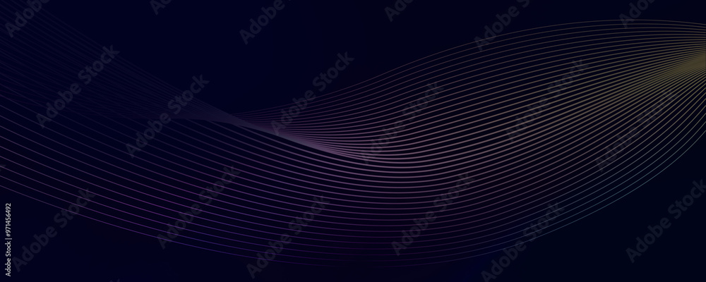 Dark abstract background with a glowing wave. Panoramic shiny moving lines design element. Modern purple, blue gradient flowing wave lines. Futuristic technology concepts. Web banner, banner backdrop Dark abstract background with a glowing wave. Panoramic shiny moving lines design element. Modern purple, blue gradient flowing wave lines. Futuristic technology concepts. Web banner, banner backdrop