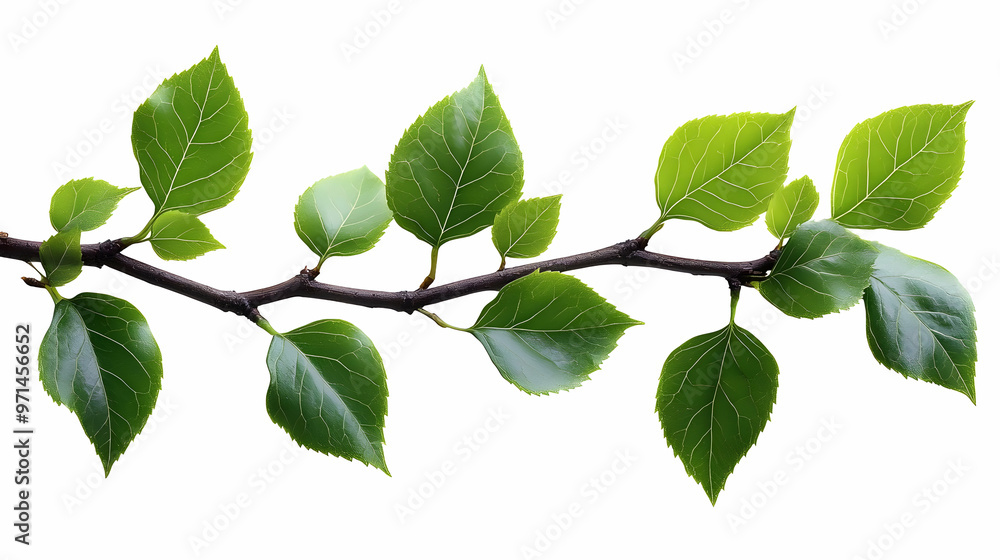 A branch with vibrant green leaves against a white background. A branch with vibrant green leaves against a white background.