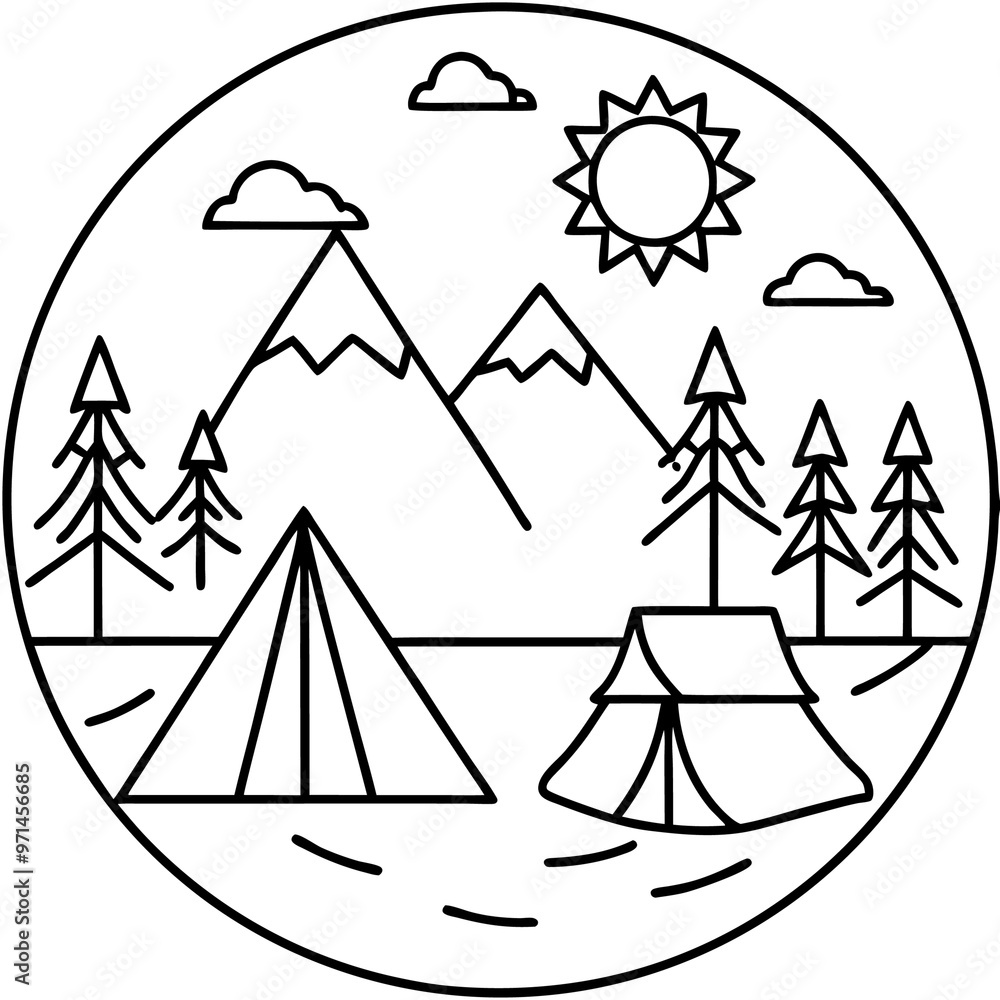 summer camp set outline coloring book page line art drawing summer camp set outline coloring book page line art drawing