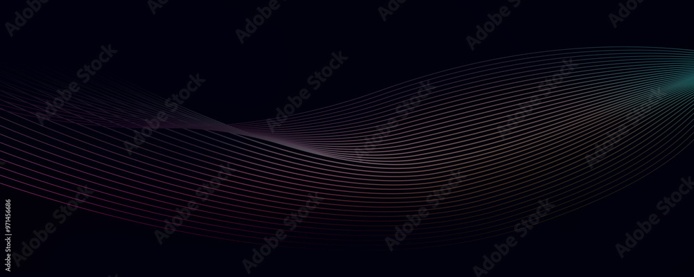 Dark abstract background with a glowing wave. Panoramic shiny moving lines design element. Modern purple, blue gradient flowing wave lines. Futuristic technology concepts. Web banner, banner backdrop Dark abstract background with a glowing wave. Panoramic shiny moving lines design element. Modern purple, blue gradient flowing wave lines. Futuristic technology concepts. Web banner, banner backdrop