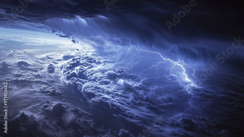 Close-up satellite photograph of a major storm front with intense cloud formations and visible lightning, highlighting its power