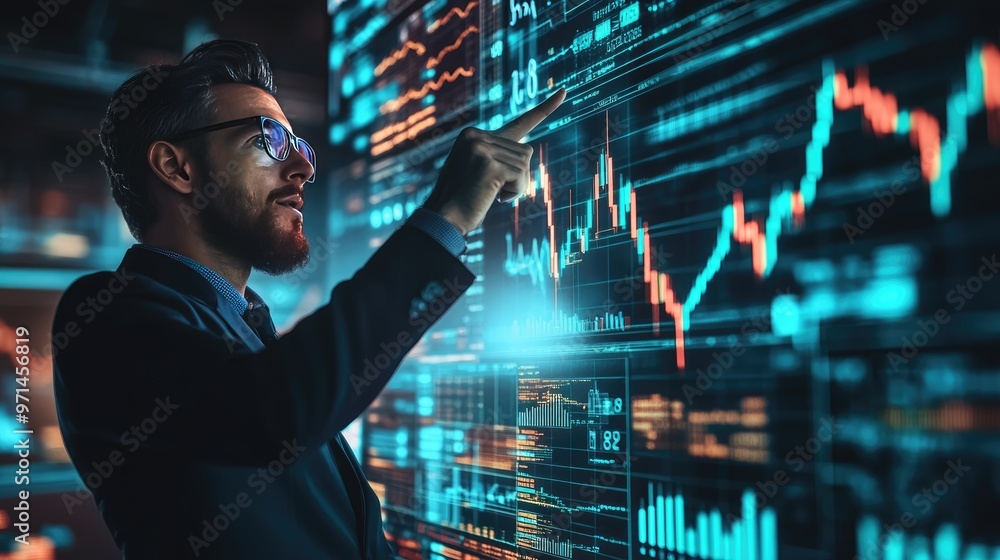 Confident analyst pointing to a success chart with rising arrows on a high-tech digital display Confident analyst pointing to a success chart with rising arrows on a high-tech digital display