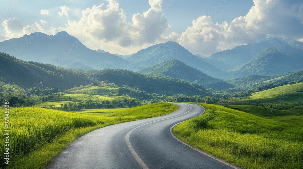 Green landscape with road and mountains Green landscape with road and mountains