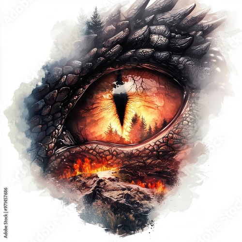 A dragon s eye with intricate scales, fantasy creature element, digital painting, bold colors, isolated on white background