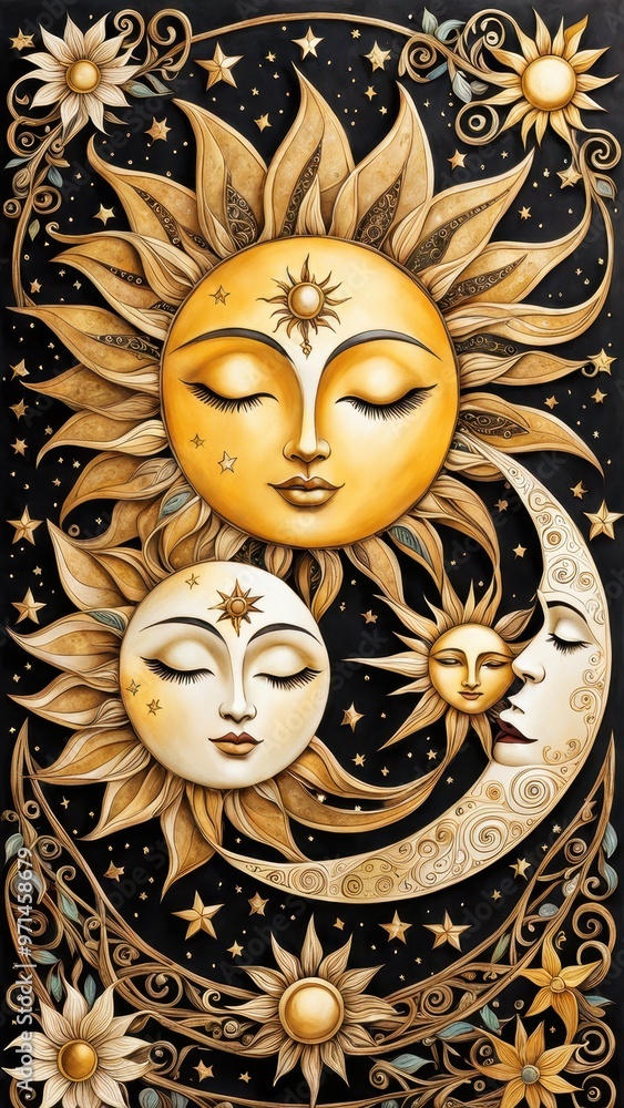 A mystical illustration featuring sun and moon faces surrounded by stars and floral patterns. A mystical illustration featuring sun and moon faces surrounded by stars and floral patterns.