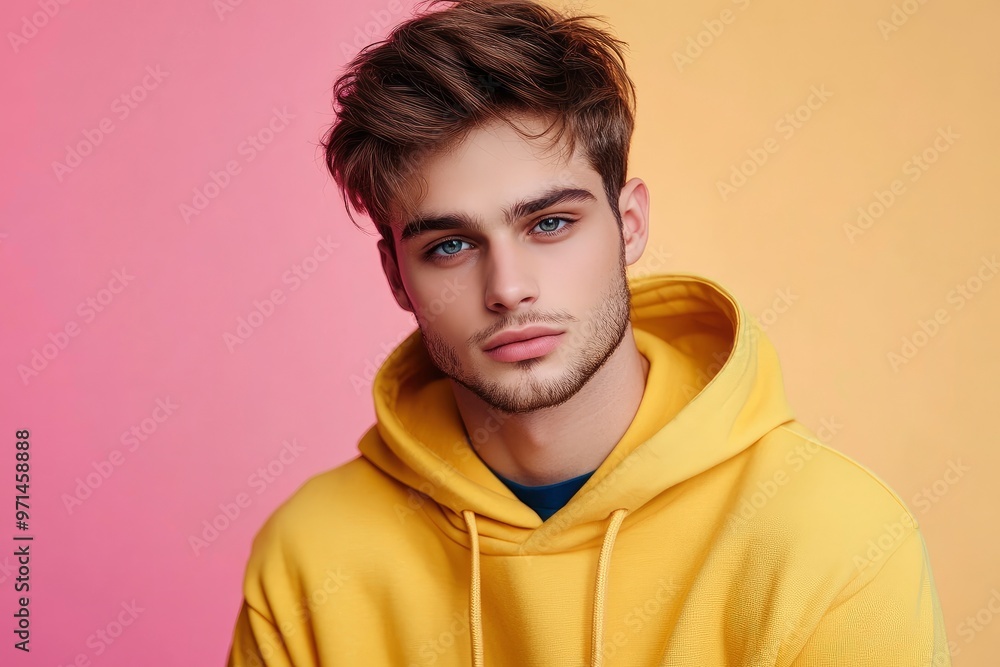Portrait of handsome young man in yellow hoodie on color background with generative ai Portrait of handsome young man in yellow hoodie on color background with generative ai