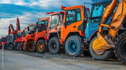 Many different multiclored colorful heavy industrial machinery equipment at construction site parking area against warehouse building city infrastructure development. Commercial vehicles rental sale  photo