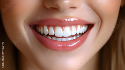 A close-up of a smiling woman showcasing her bright, healthy teeth and lips.