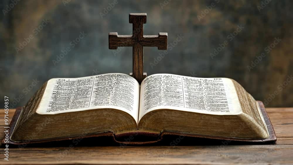 Exploring the significance of the Bible and its teachings with a wooden cross in a serene setting Exploring the significance of the Bible and its teachings with a wooden cross in a serene setting