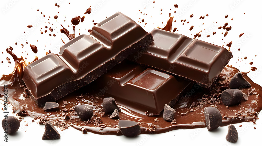 A close-up of chocolate bars with melted chocolate and cocoa pieces, emphasizing indulgence. A close-up of chocolate bars with melted chocolate and cocoa pieces, emphasizing indulgence.