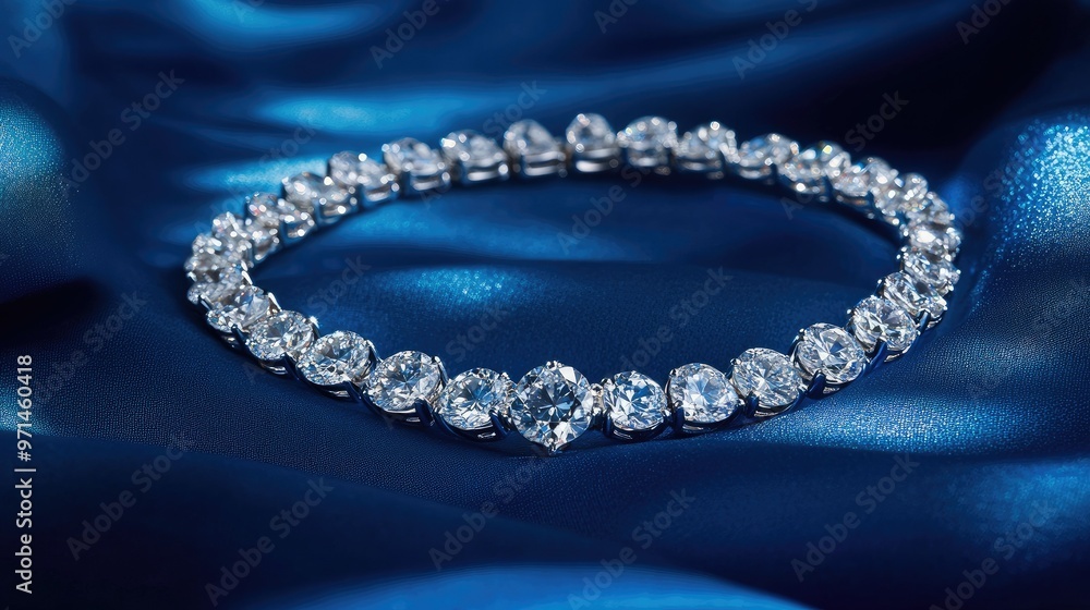 A beautiful diamond necklace placed on a rich blue background, captured from above, with each gemstone reflecting light and enhancing its luxury A beautiful diamond necklace placed on a rich blue background, captured from above, with each gemstone reflecting light and enhancing its luxury