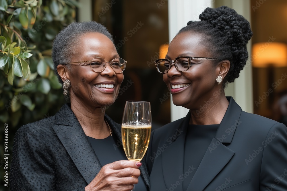 Two stylish senior women are seen smiling and raising champagne glasses in a celebratory toast. Two stylish senior women are seen smiling and raising champagne glasses in a celebratory toast.