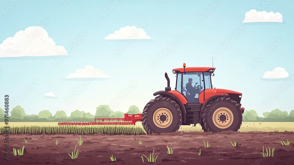 Fototapeta premium Cartoon Style Red Tractor in Field