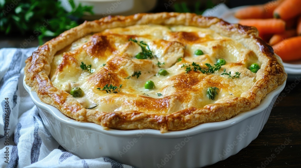 A beautifully golden chicken pot pie, its flaky crust encasing a creamy filling of chicken and vegetables. Comfort food with a hearty twist A beautifully golden chicken pot pie, its flaky crust encasing a creamy filling of chicken and vegetables. Comfort food with a hearty twist