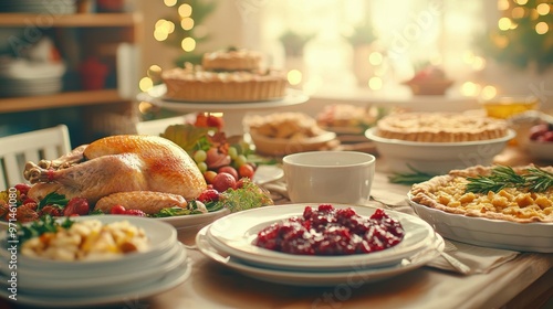 Thanksgiving dinner table set with a traditional holiday spread