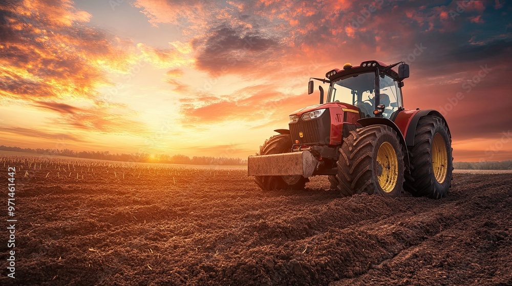 Fototapeta premium Sunset Over Agricultural Tractor
