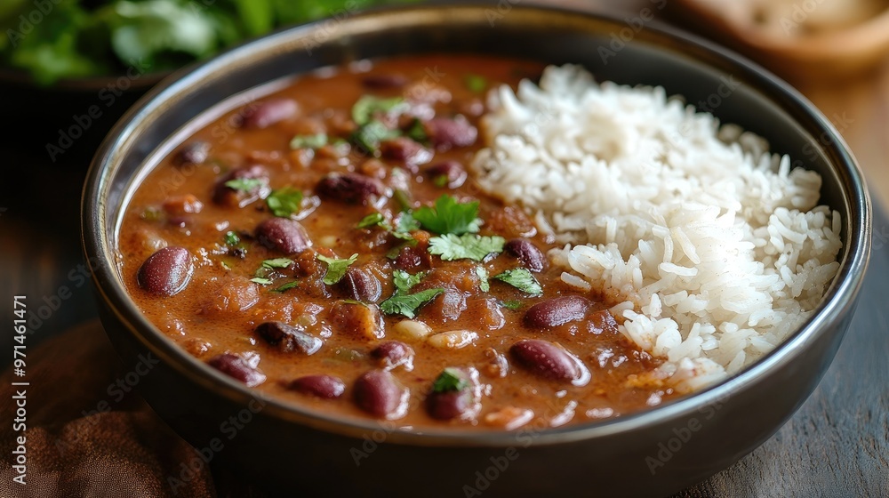 A bowl of rich, spicy rajma (kidney bean curry) paired with a serving of boiled rice. North Indian flavors in a homely setting. A bowl of rich, spicy rajma (kidney bean curry) paired with a serving of boiled rice. North Indian flavors in a homely setting.