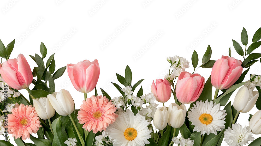 Fototapeta premium A beautiful arrangement of colorful flowers including tulips and daisies, perfect for spring celebrations and floral decorations.