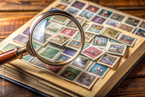 A magnifying glass is on top of a pile of stamps. The stamps are of various colors and designs, and the magnifying glass is being used to examine them closely.