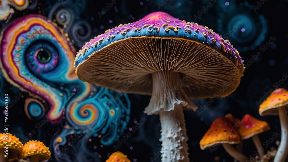 Beautiful psychedelic art illustration of entheogenic Psilocybin mushrooms with blurry swirling space and galaxies in the background. Vibrant trippy psychoactive magic illustration artwork. Beautiful psychedelic art illustration of entheogenic Psilocybin mushrooms with blurry swirling space and galaxies in the background. Vibrant trippy psychoactive magic illustration artwork.