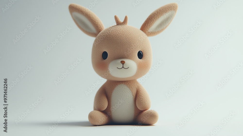 Obraz premium Cute plush rabbit toy sitting with big ears in minimal background