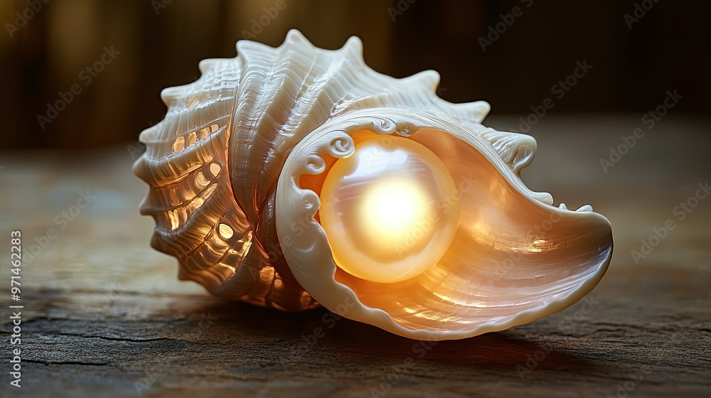 A carved shell wraps around a luminous pearl, the detailed design adding an elegant touch to the smooth, glowing surface of the gem. A carved shell wraps around a luminous pearl, the detailed design adding an elegant touch to the smooth, glowing surface of the gem.