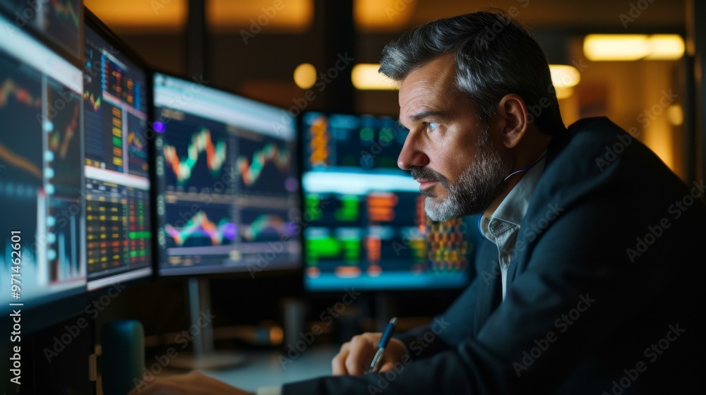 Focused Businessman Analyzing Financial Charts on Multiple Monitors Focused Businessman Analyzing Financial Charts on Multiple Monitors