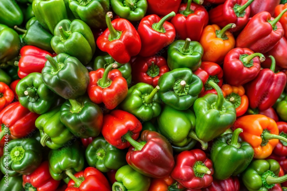 Fruits of Bulgarian sweet peppers are stacked on top of each other. Peppers are green and red. Concept of abundance and freshness. Fruits of Bulgarian sweet peppers are stacked on top of each other. Peppers are green and red. Concept of abundance and freshness.