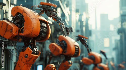 A group of robots are standing in a city, with one of them being orange