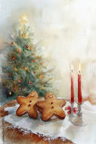 Watercolor greeting card Merry Christmas, gingerbread cookies in the form of stars on a wooden rough table with a white tablecloth two burning candles