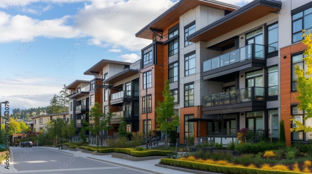 Modern Apartment Building with Landscaped Gardens Modern Apartment Building with Landscaped Gardens