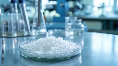 Close-up of White Crystals in a Petri Dish in a Science Laboratory