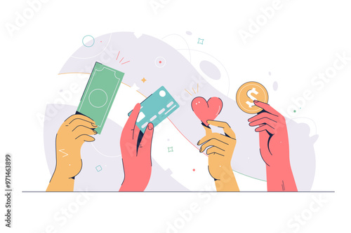 People hands holding donation with coin and donating money for charity.
Volunteers collecting charitable donations. Charity financial support concept. Flat cartoon vector illustration. Abstract 