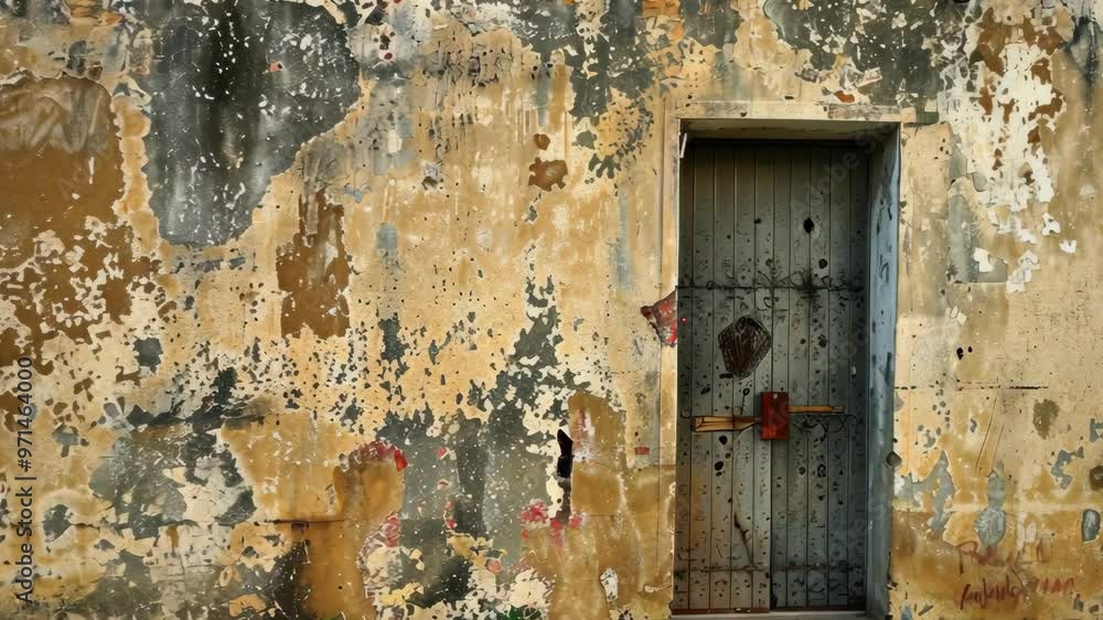 Exploring a weathered wall with a closed door in an abandoned location during the afternoon light Exploring a weathered wall with a closed door in an abandoned location during the afternoon light