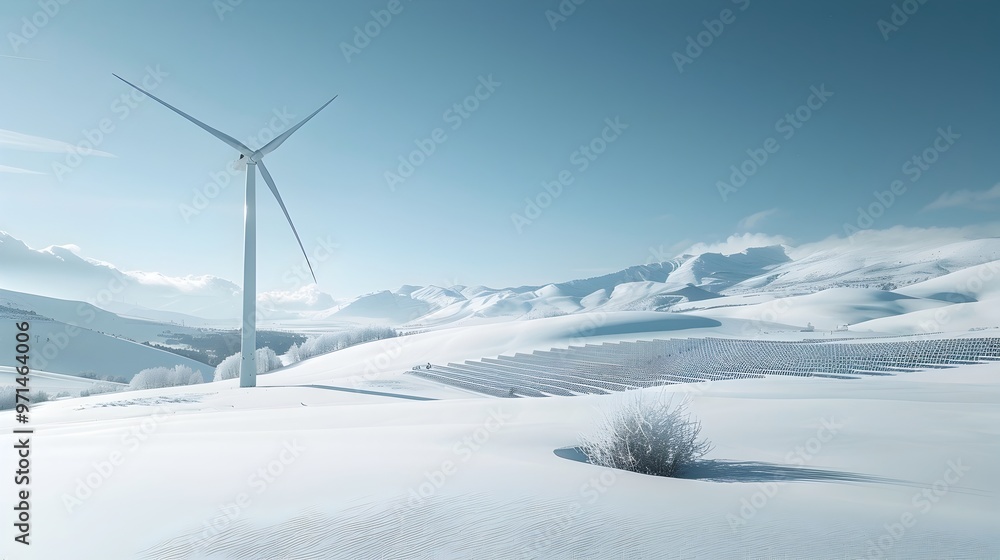 Renewable Energy Harnessing in Snow Covered Landscape Showcasing Wind Turbines and Solar Panels Renewable Energy Harnessing in Snow Covered Landscape Showcasing Wind Turbines and Solar Panels