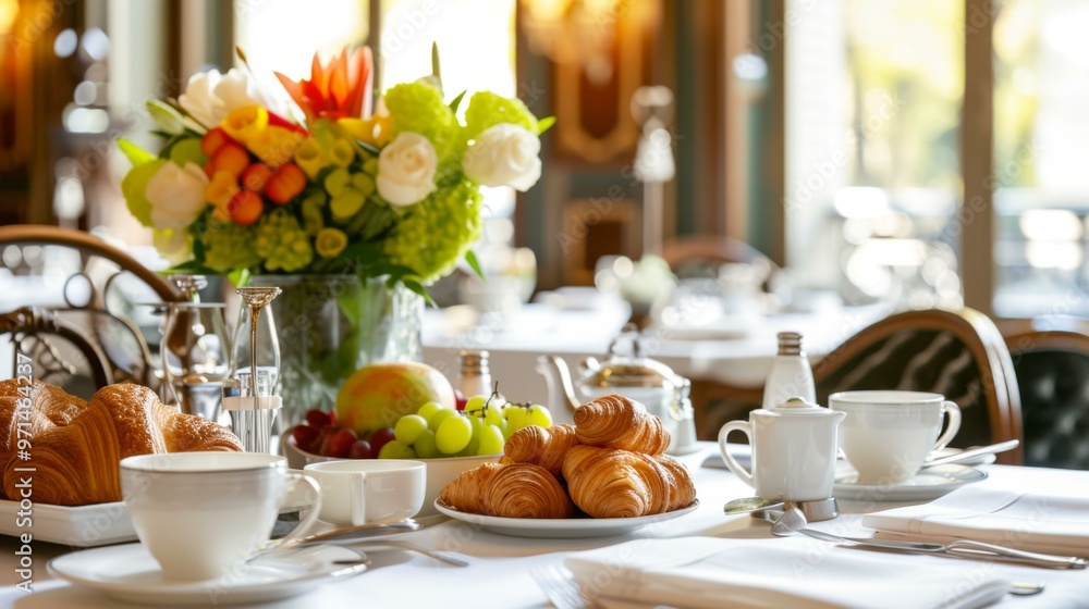 Elegant French Breakfast with Croissants and Coffee Elegant French Breakfast with Croissants and Coffee