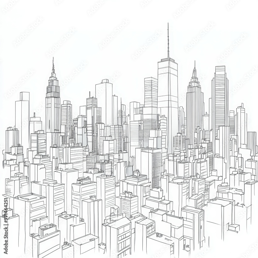 Hand Drawn Skyline Illustration of a City with Skyscrapers Hand Drawn Skyline Illustration of a City with Skyscrapers