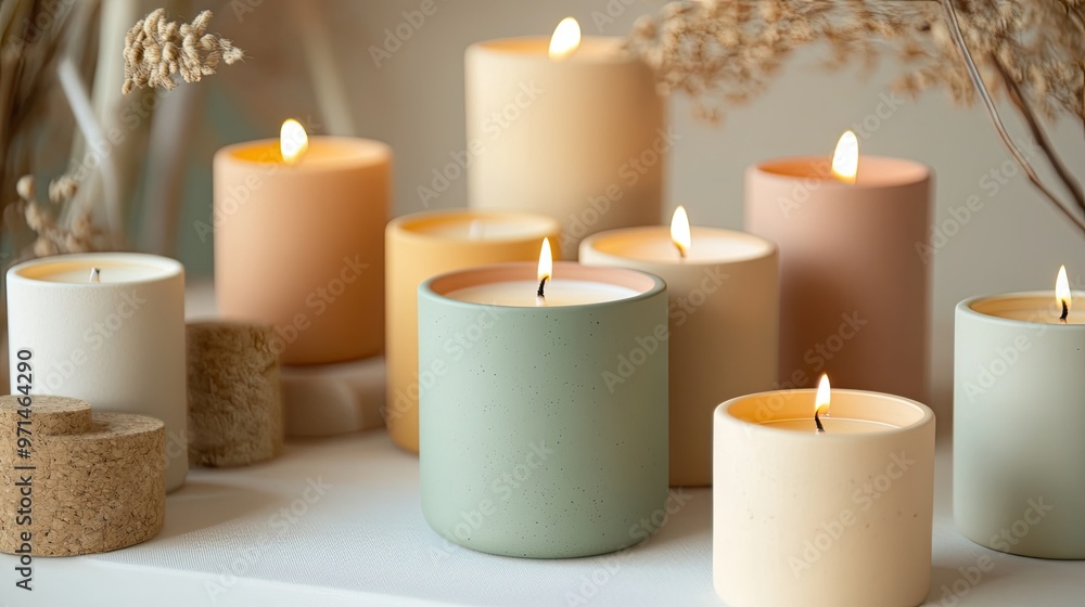 A close-up of artisan soy wax candles, their natural colors and eco-friendly packaging set against a soft, neutral backdrop. A close-up of artisan soy wax candles, their natural colors and eco-friendly packaging set against a soft, neutral backdrop.