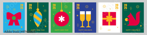 Happy New Year and Christmas card templates.Icons in abstract modern geometric flat style.Winter poster set.Christmas ball, present and champagne glasses.Season's greetings.Vector illustration.