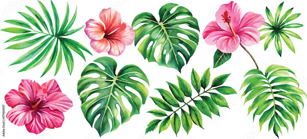 Fototapeta premium A set of exotic tropical leaves and flowers of plumeria hibiscus strelitzia
