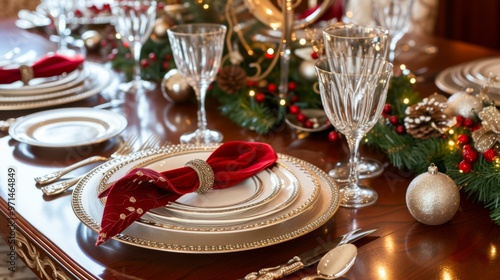 Elegant Christmas Table Setting with Red Napkins and Festive Decor