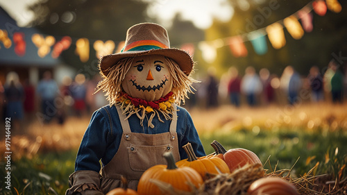 The scarecrow takes center stage in a busy field, surrounded by vibrant festival decorations like bunting, cornstalks, and colorful autumn flowers. In the foreground,  photo